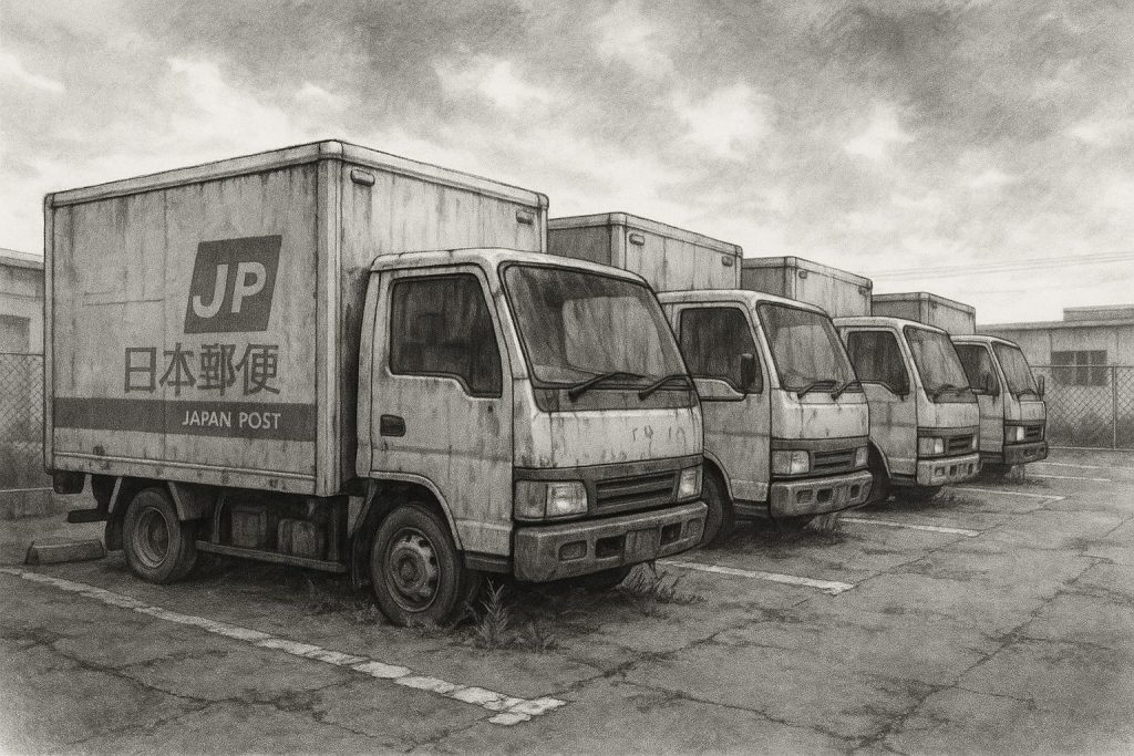 日本郵便の使用停止となったトラックが駐車場に並んでいる様子