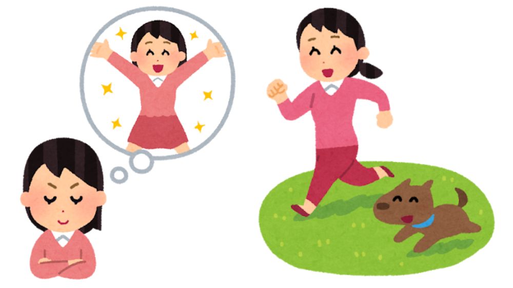 女性が良いイメージをして、犬と一緒に走っているイラスト
