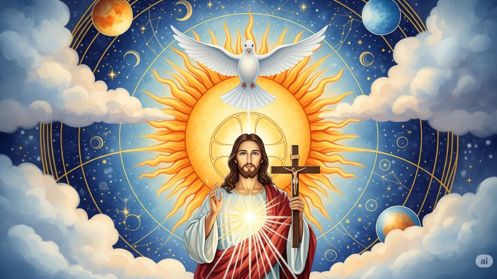 中央にキリストがいて、宇宙の背景に、太陽があり、頭上に鳩がいる。
