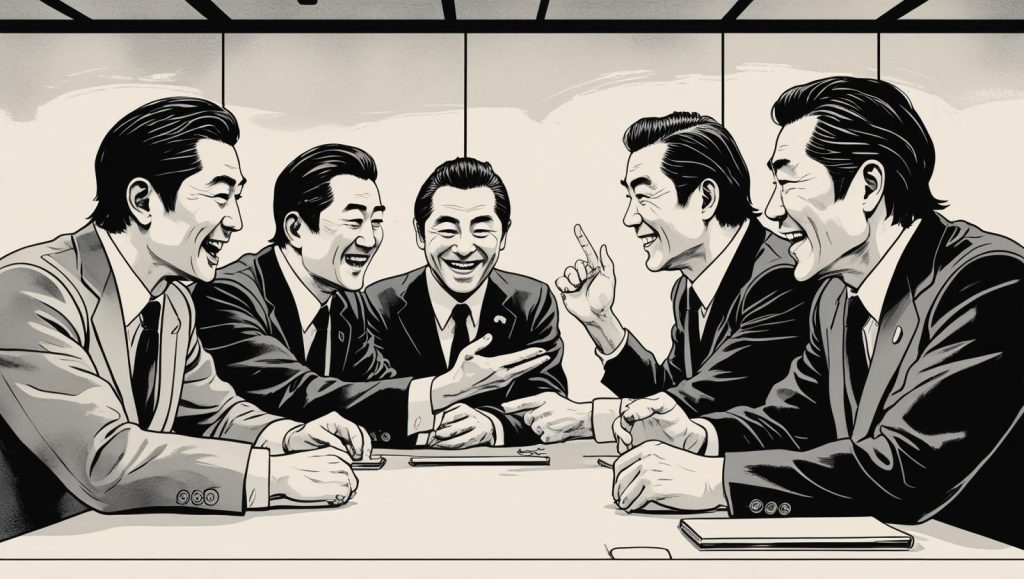 会議室で再建計画を話し合う経営陣・改革への意気込みを示すシーン