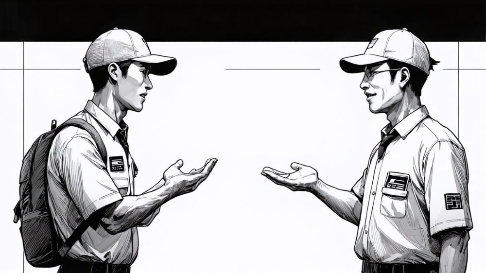 二人の職員が出発前の点呼を行っている