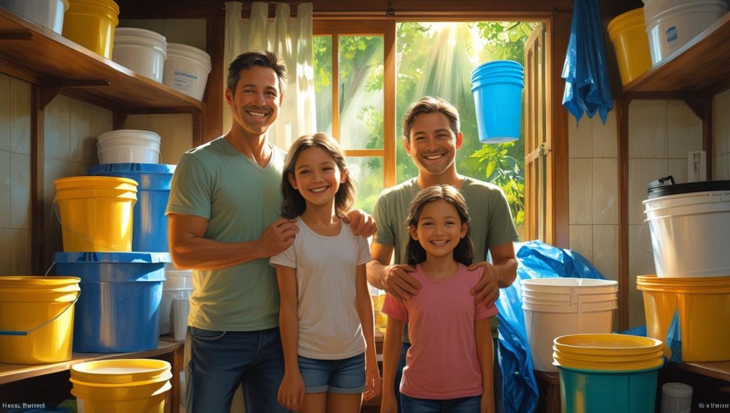 家族で台風対策について話し合っている温かい場面の画像
