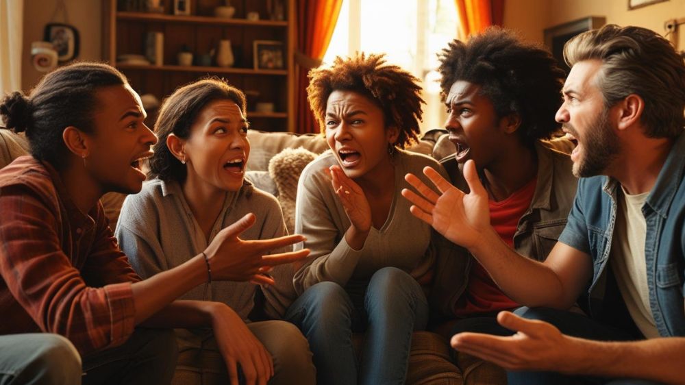 ５人の男女が口論しているイラスト
