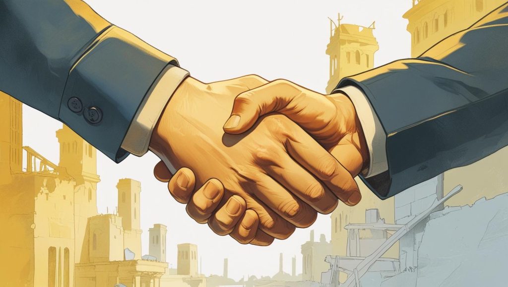 改革、改善のための相互協力で、固い握手をしている様子