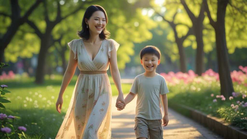 楽しそうに母親と子供が手を繋いで公園を歩いている画像