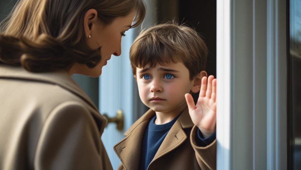 母親が出かけるのを、淋しげに見送る子供の画像