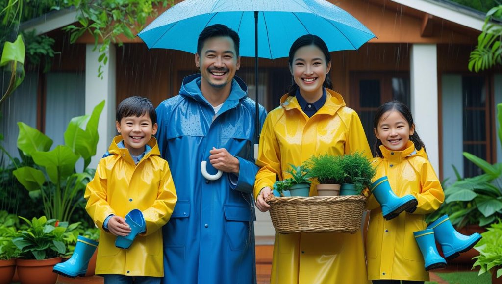 梅雨の準備を完了した家族が笑顔で過ごしている様子
