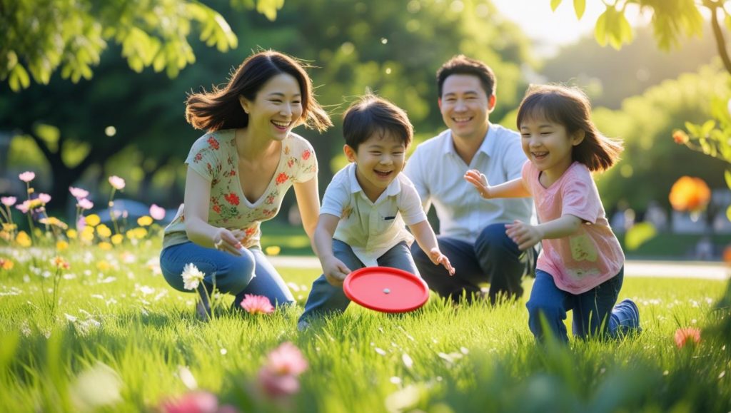 天気の良い日に一つの家族が公園で楽しそうに過ごしている画像