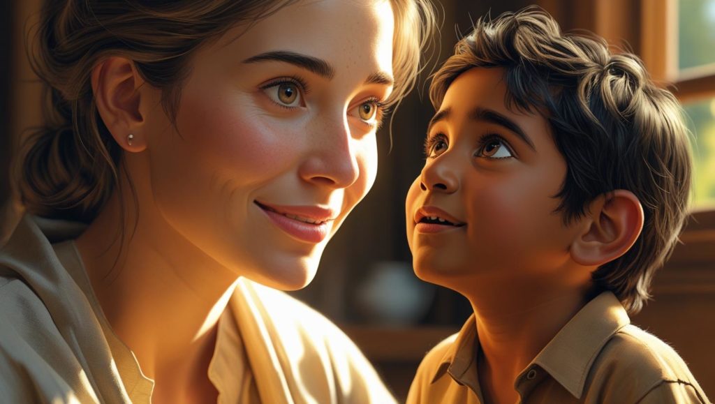 母親が子どもに優しく話しかけている画像