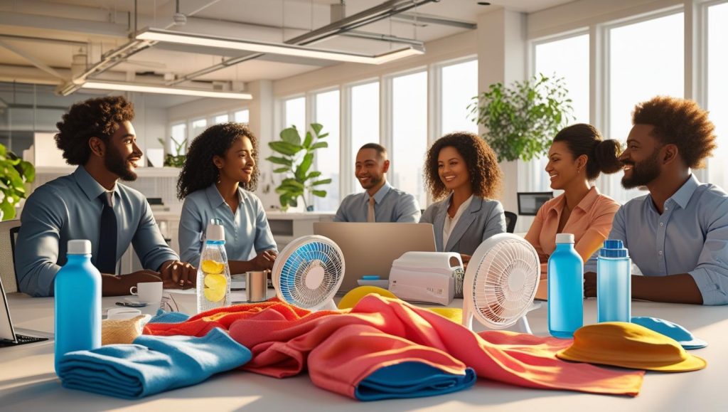 オフィスで熱中症対策グッズを並べて雑談をしている