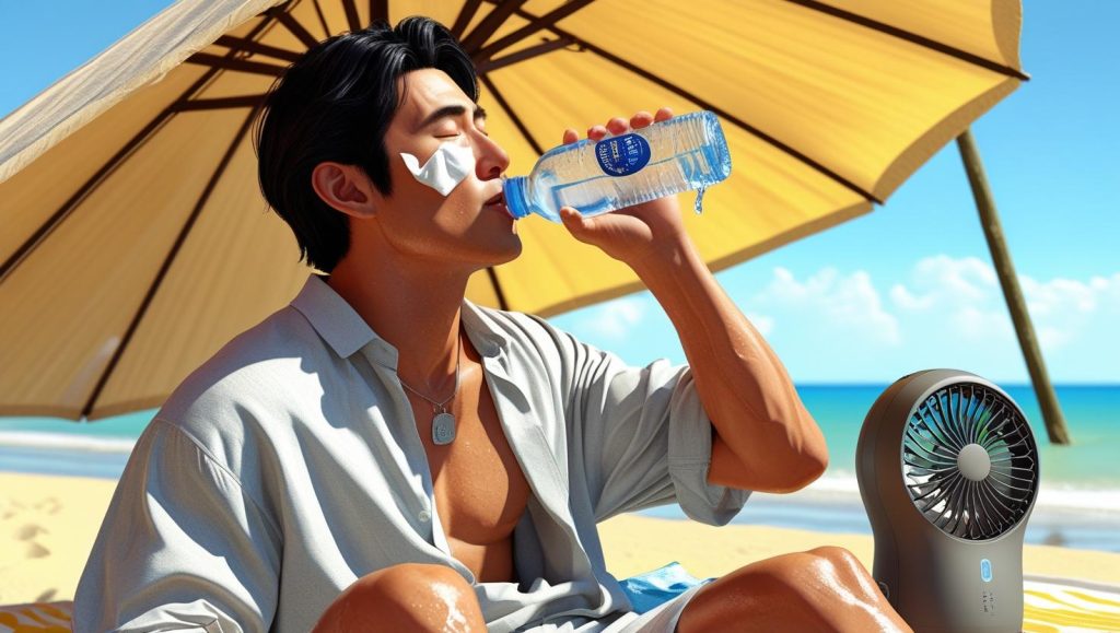 熱中症対策をして海辺で過ごす男性
