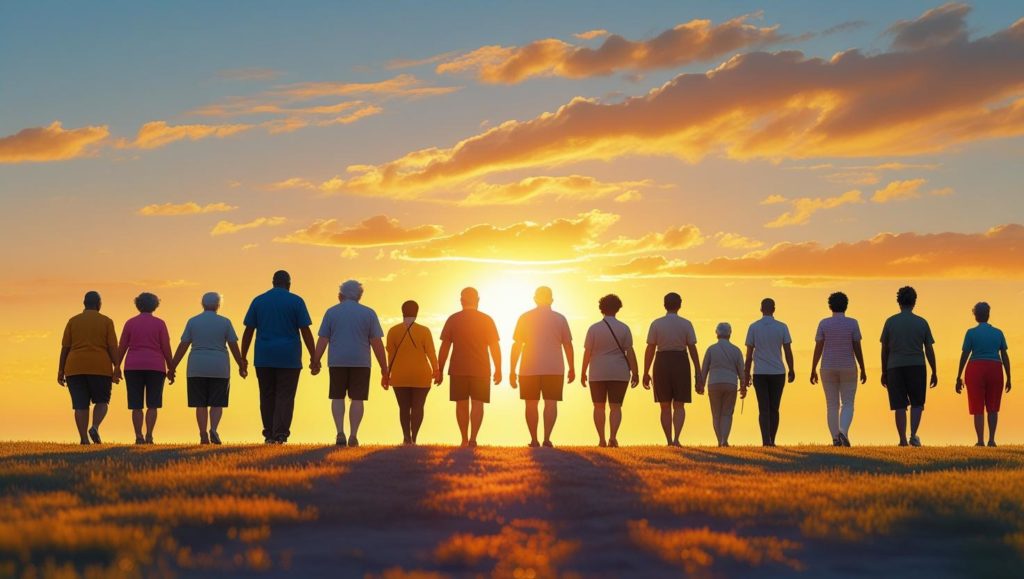 大勢の人々が朝日に向かって歩いている
