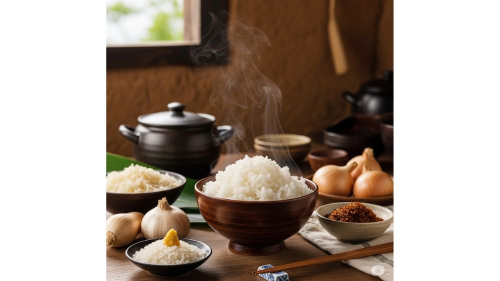 食卓のご飯から湯気が出ている画像。
