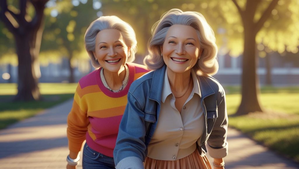 おばさん二人が公園で微笑みながら歩いている画像