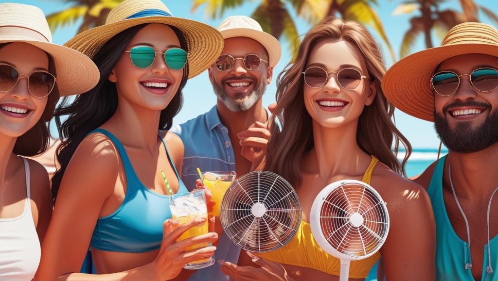 熱中症の対策をし楽しむ人々。