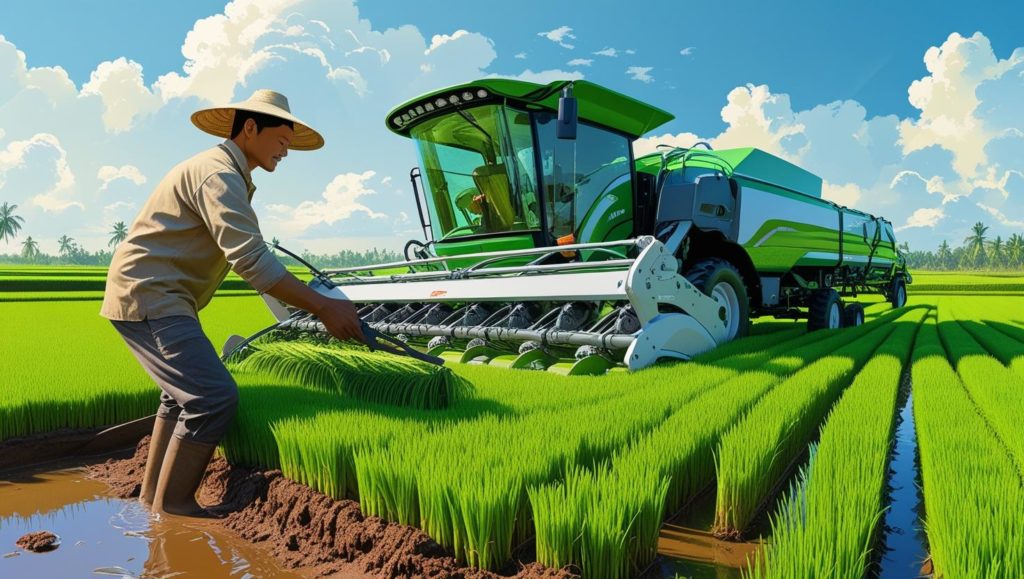 農業機械を使って田んぼで作業する現代的な農家のイラスト