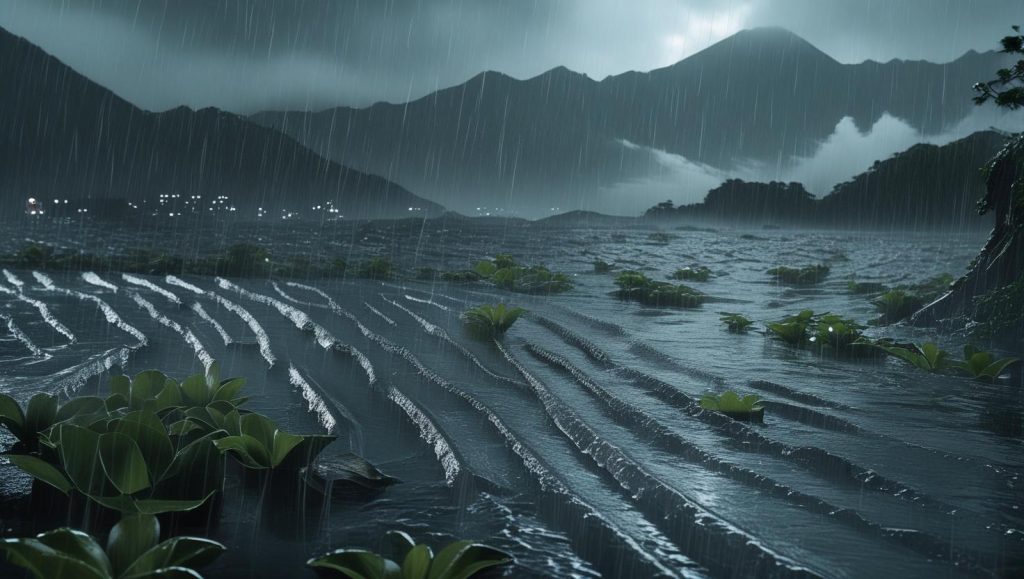 大雨災害で氾濫した様子。
