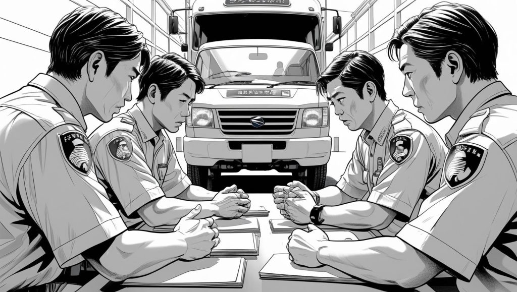 安全研修を受けている運転手たち・真剣に学習している様子