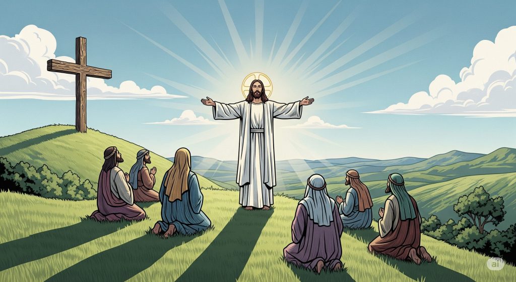 中央のキリストが、６人の弟子に説法を説いている。