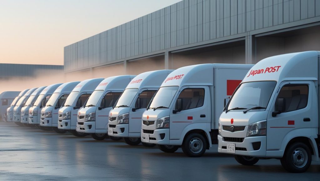 様々な配送会社のトラックが並んでいる物流拠点車両