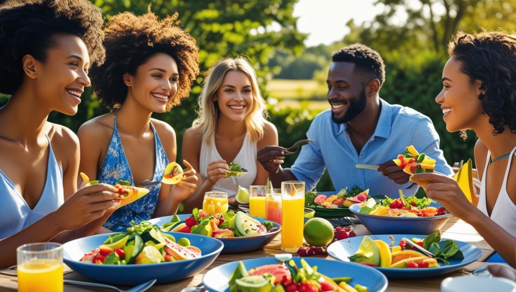 カラフルな夏野菜や果物を食しているイメージ画像