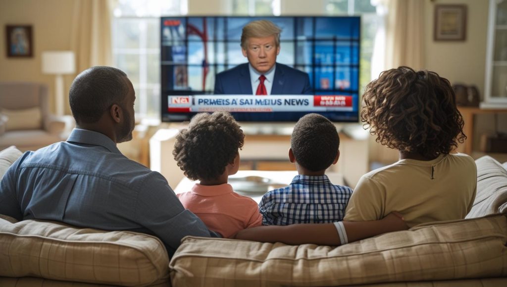 家庭全員ででニュースを見る家族

