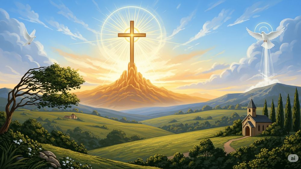 平原の中央に十字架が輝いている
