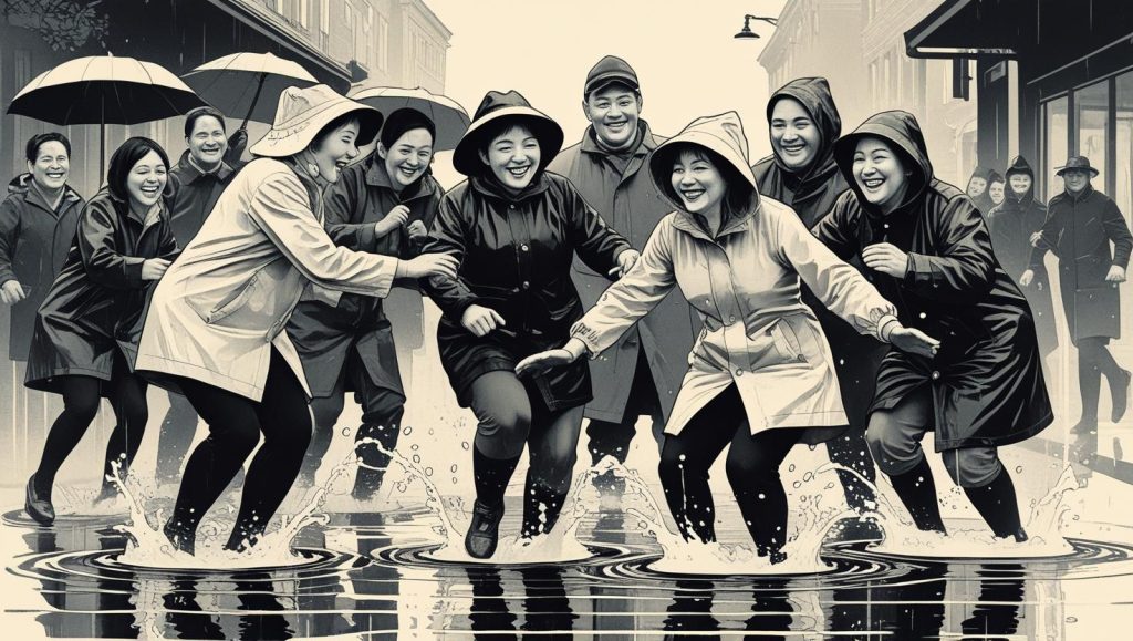 雨の日でも楽しそうに過ごしている人々
