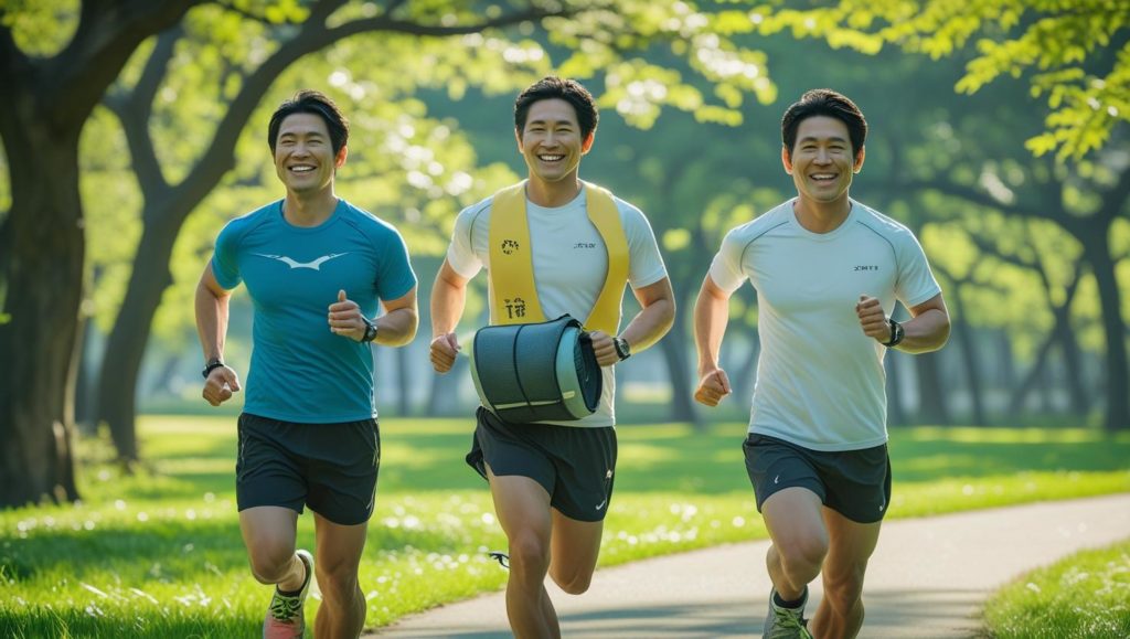 ３人の男性がジョギングコースを微笑みながら走っている画像
