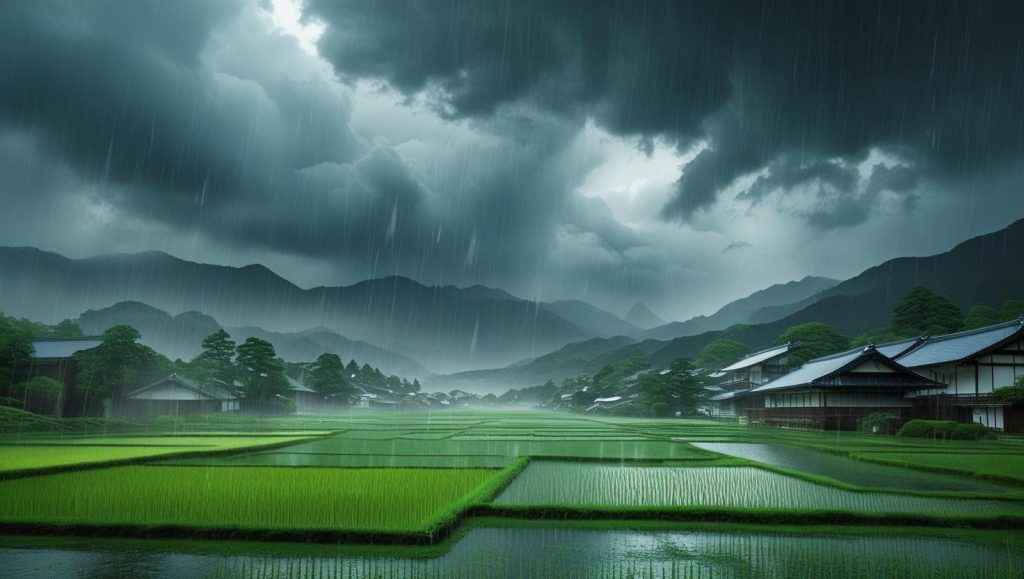 田園地帯に梅雨前線の動きを示すイラスト