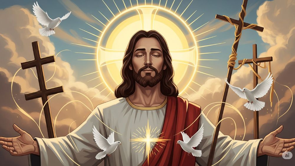 中央のキリストの周りに４羽の鳩が飛んでいる。
