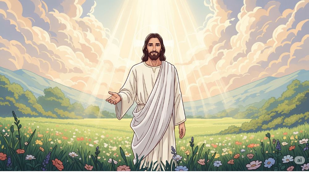 野の花が咲く平原の中央にキリストがいる。
