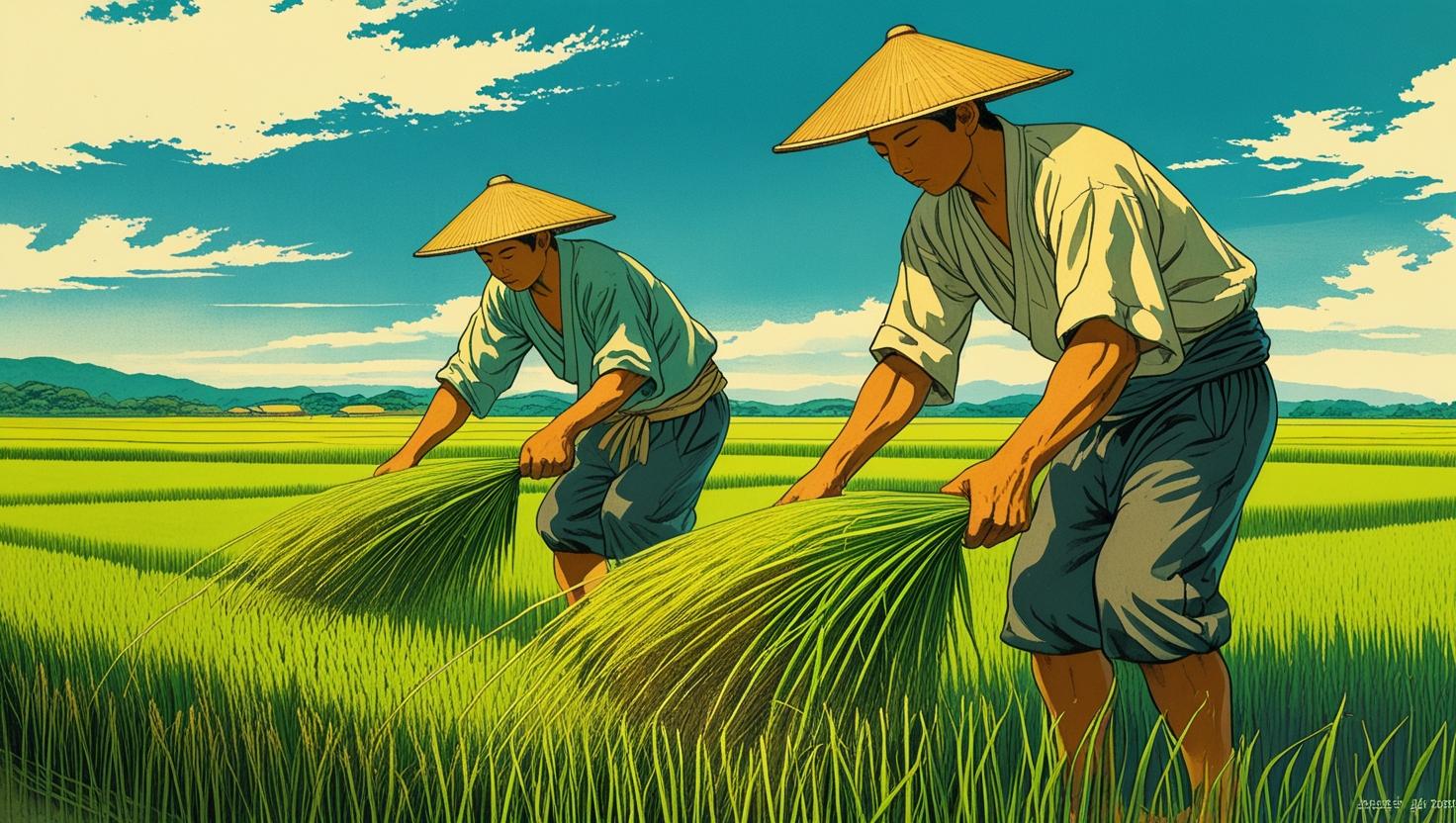 二人の男性が畑で米を刈っている