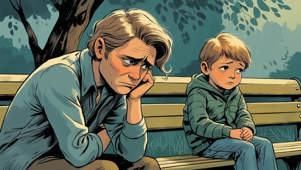 公園のベンチで親子が困惑している
