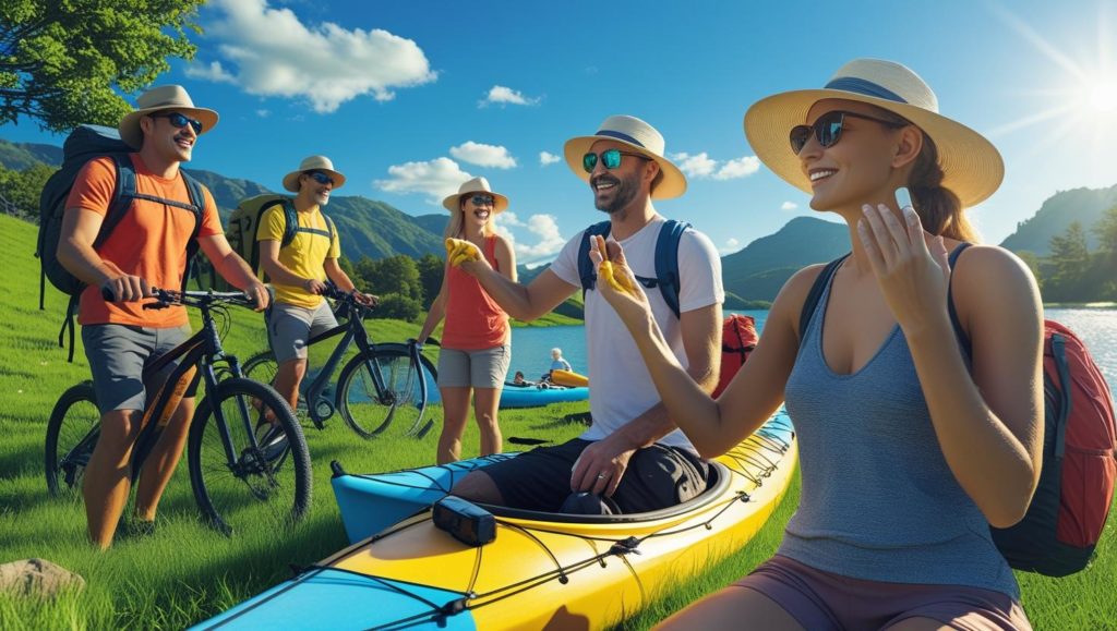 ５人の男女が青空のもとでバカンスしている
