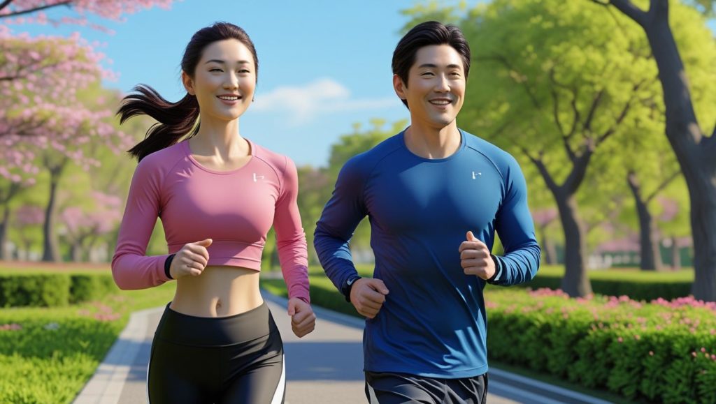 公園を男女がジョギングしている
